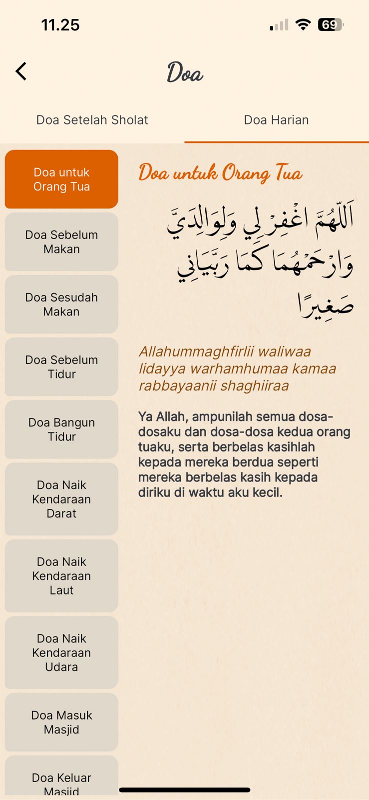 Tampilan Doa Harian pada Aplikasi Sobat Muslim